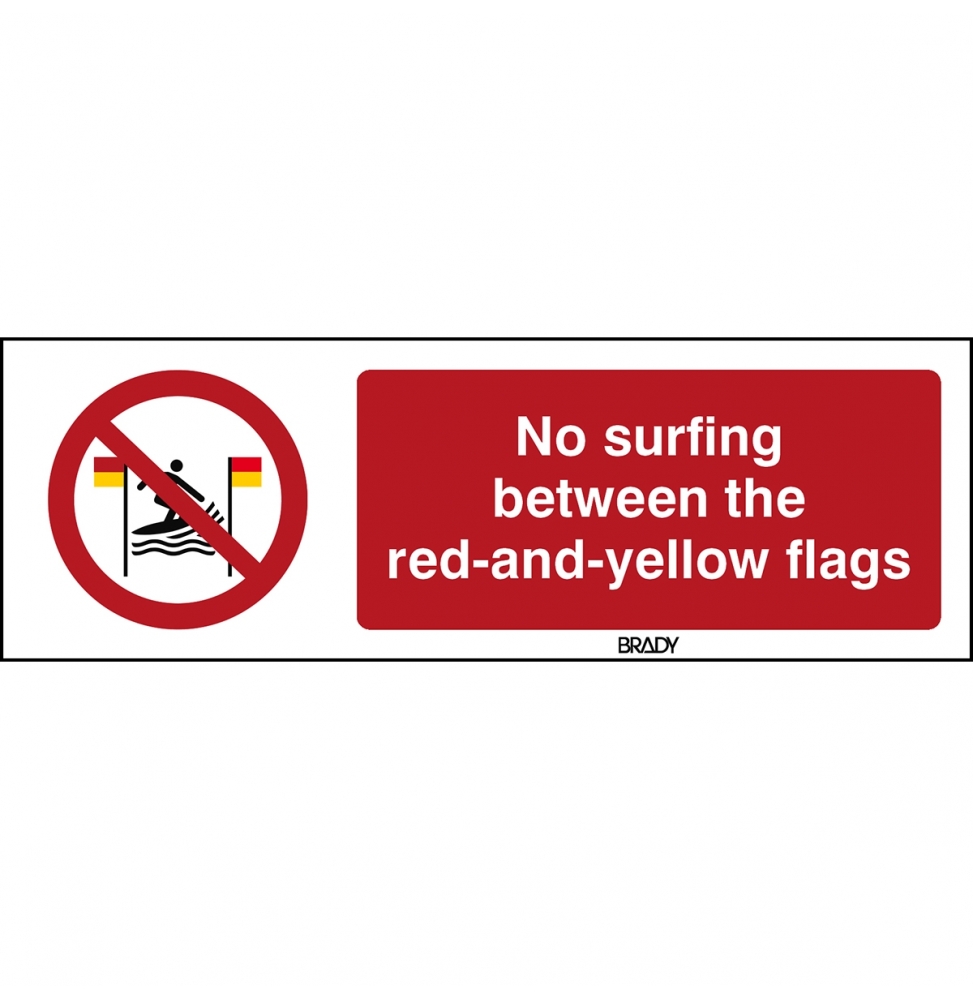 Znak bezpieczeństwa ISO – Zakaz surfowania między czerwonymi a żółtymi flagami, P/P064/EN482/PP-297X105-1