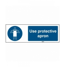 Znak bezpieczeństwa ISO – Nakaz stosowania fartucha ochronnego, M/M026/EN240/TM-150X50-1