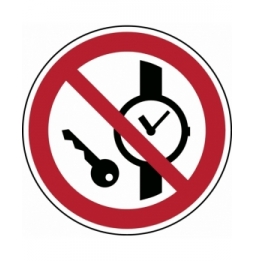 Znak bezpieczeństwa ISO – Zakaz wstępu z przedmiotami metalowymi i zegarkami, P/P008/NT/TWM-DIA100-1