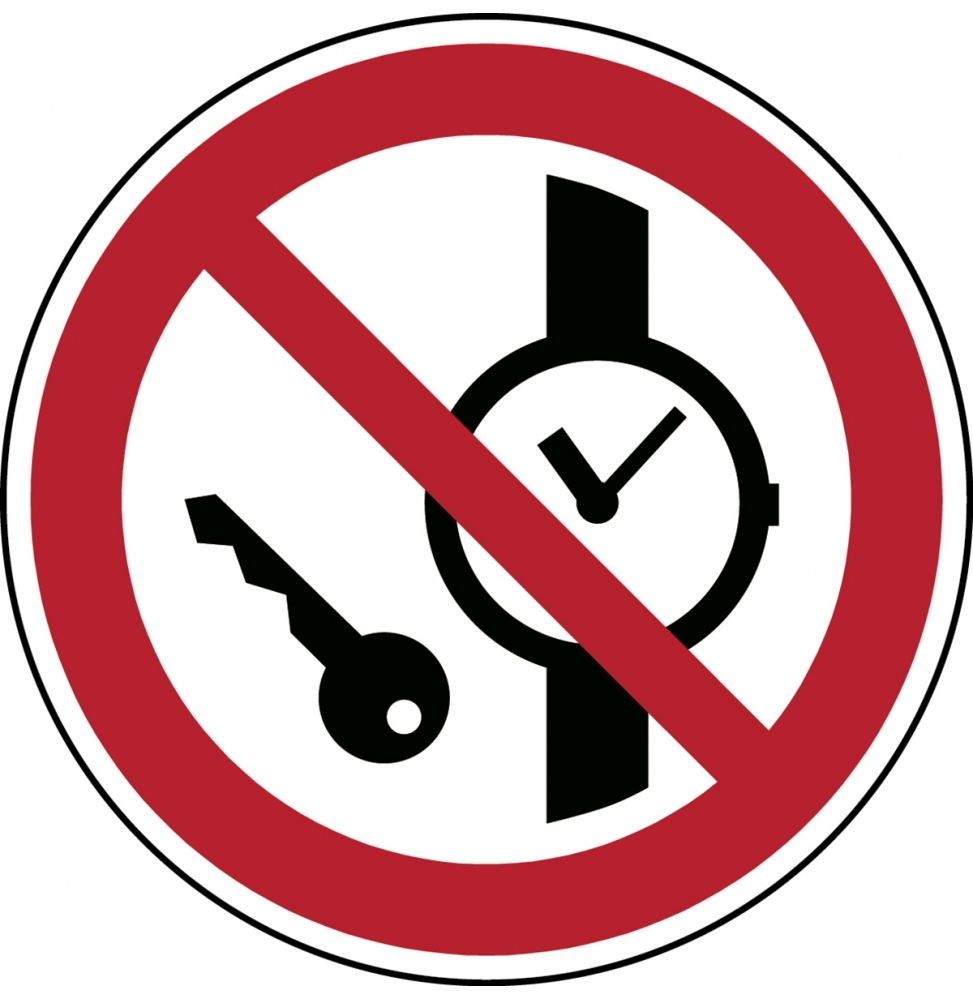 Znak bezpieczeństwa ISO – Zakaz wstępu z przedmiotami metalowymi i zegarkami, P/P008/NT/TWM-DIA100-1