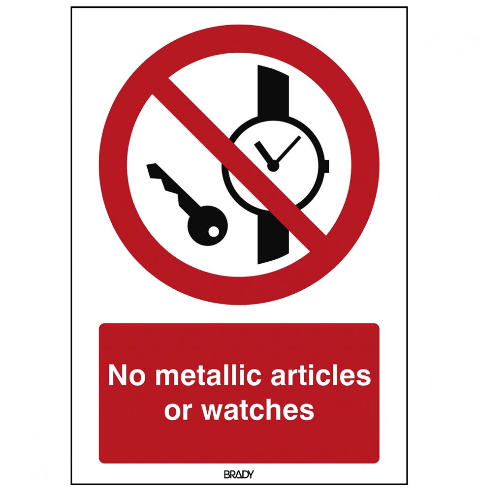 Znak bezpieczeństwa ISO - Zakaz wstępu z przedmiotami metalowymi i zegarkami, P/P008/EN211/TWM-148X210-1