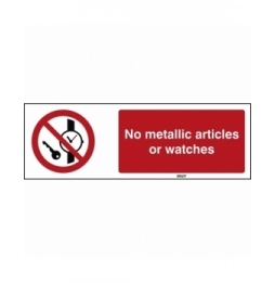 Znak bezpieczeństwa ISO – Zakaz wstępu z przedmiotami metalowymi i zegarkami, P/P008/EN211/TW-450X150-1