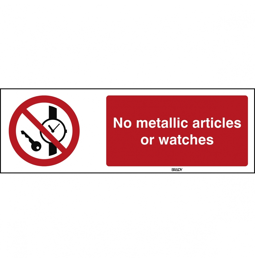 Znak bezpieczeństwa ISO – Zakaz wstępu z przedmiotami metalowymi i zegarkami, P/P008/EN211/TW-450X150-1