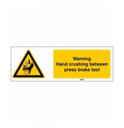 Znak bezpieczeństwa ISO – Uwaga, ryzyko zmiażdżenia dłoni prasą, W/W030/EN410/TW-150X50-1