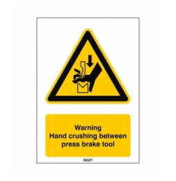 Znak bezpieczeństwa ISO – Uwaga, ryzyko zmiażdżenia dłoni prasą, W/W030/EN410/TW-148X210-1