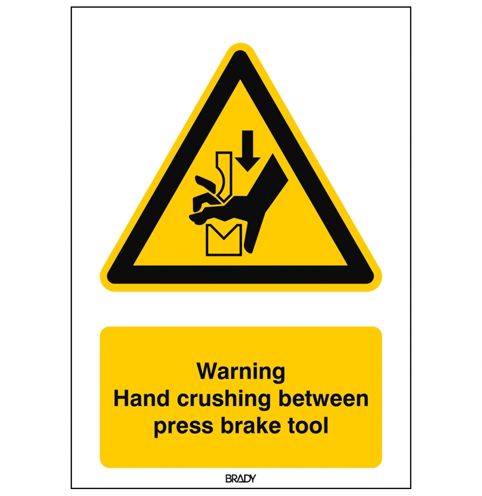 Znak bezpieczeństwa ISO – Uwaga, ryzyko zmiażdżenia dłoni prasą, W/W030/EN410/TW-148X210-1