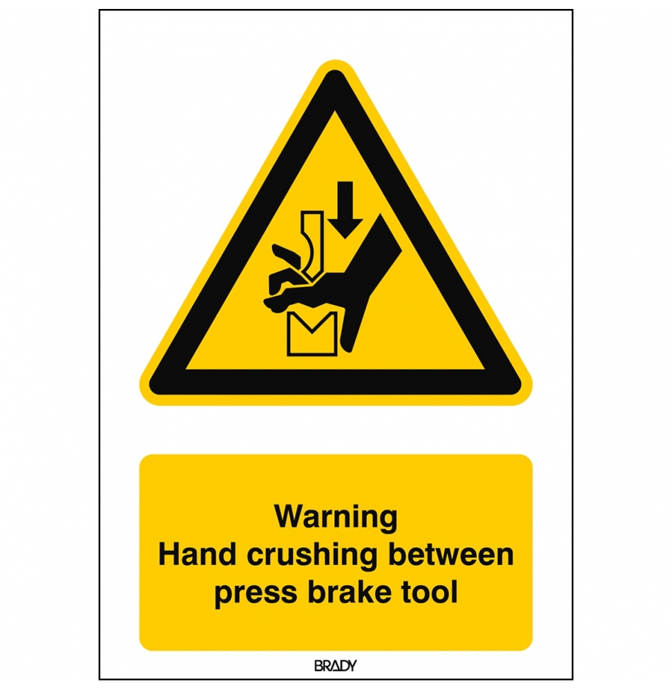 Znak bezpieczeństwa ISO – Uwaga, ryzyko zmiażdżenia dłoni prasą, W/W030/EN410/TW-297X420-1