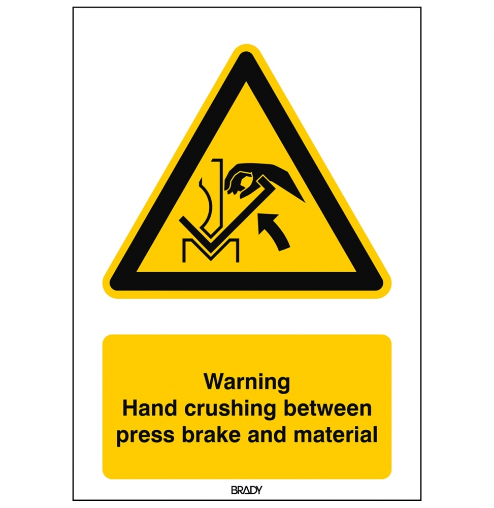 Znak bezpieczeństwa ISO – Ostrzeżenie przed zgnieceniem dłoni między prasą a …, W/W031/EN411/TW-148X210-1
