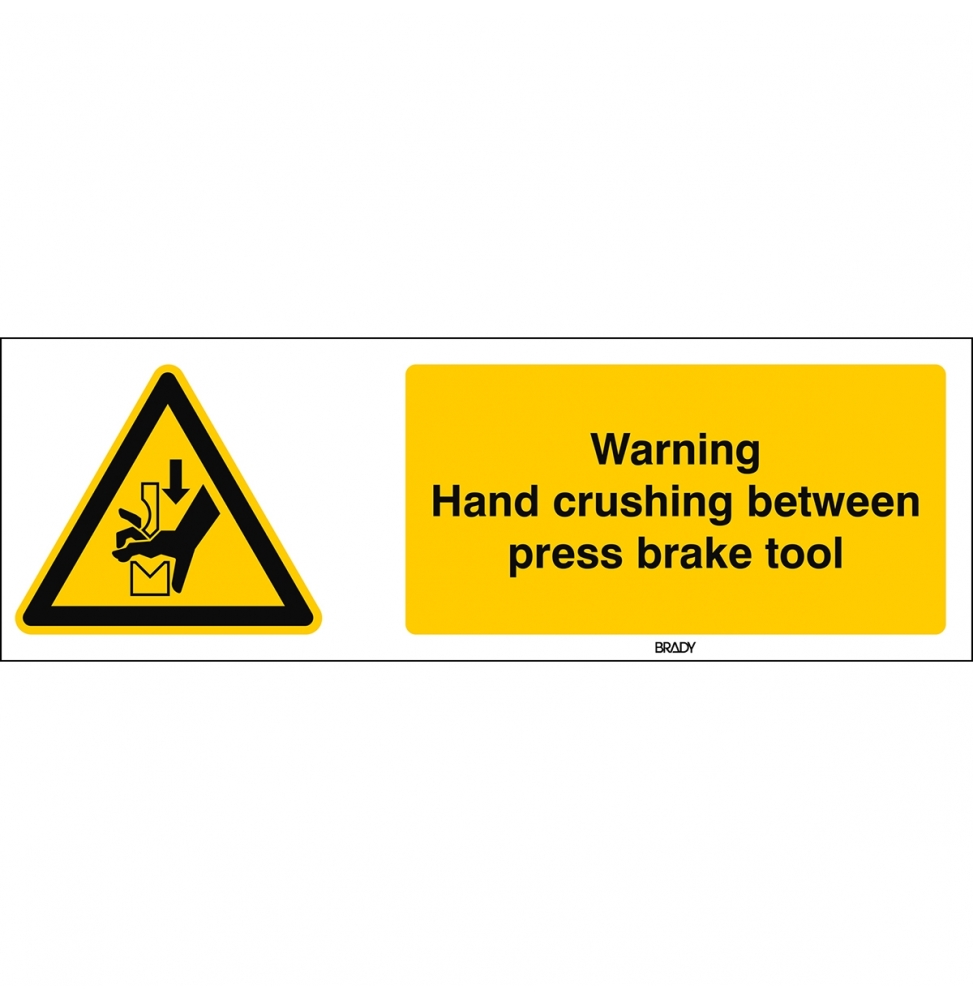 Znak bezpieczeństwa ISO – Uwaga, ryzyko zmiażdżenia dłoni prasą, W/W030/EN410/TWM-297X105-1