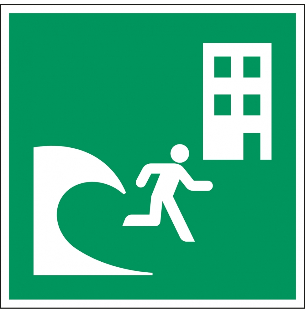Znak bezpieczeństwa ISO – Budynek do ewakuacji przed tsunami, E/E063/NT/PE-100X100-1