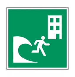 Znak bezpieczeństwa ISO – Budynek do ewakuacji przed tsunami, E/E063/NT/PE-148X148-1
