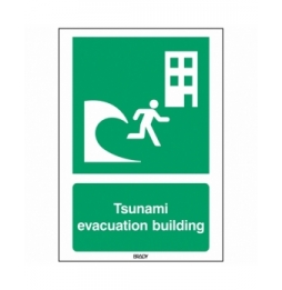 Znak bezpieczeństwa ISO – Budynek do ewakuacji przed tsunami, E/E063/EN416/PE-148X210-1