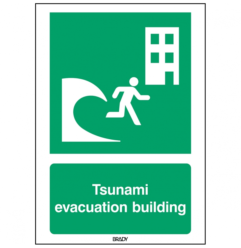 Znak bezpieczeństwa ISO – Budynek do ewakuacji przed tsunami, E/E063/EN416/PE-148X210-1