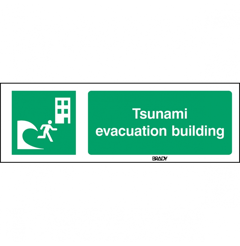 Znak bezpieczeństwa ISO – Budynek do ewakuacji przed tsunami, E/E063/EN416/PP-150X50-1