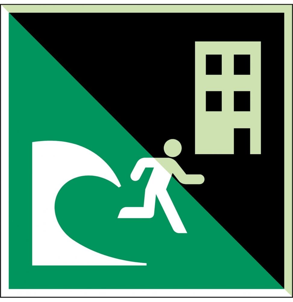 Znak bezpieczeństwa ISO – Budynek do ewakuacji przed tsunami, E/E063/NT/PE-PHOLUMB-100X100-1