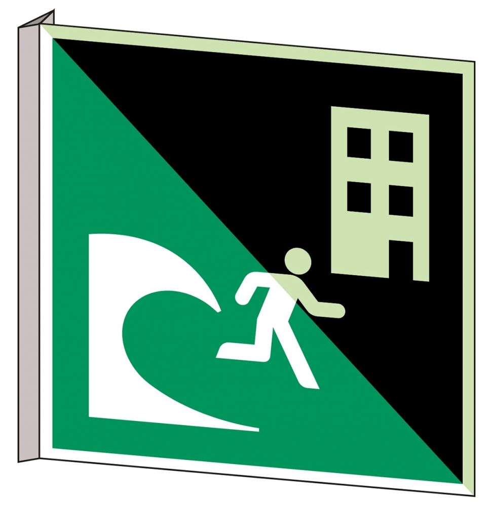 Znak bezpieczeństwa ISO – Budynek do ewakuacji przed tsunami, E/E063/NT/BIPVC-PHOLUMB-318X318-1