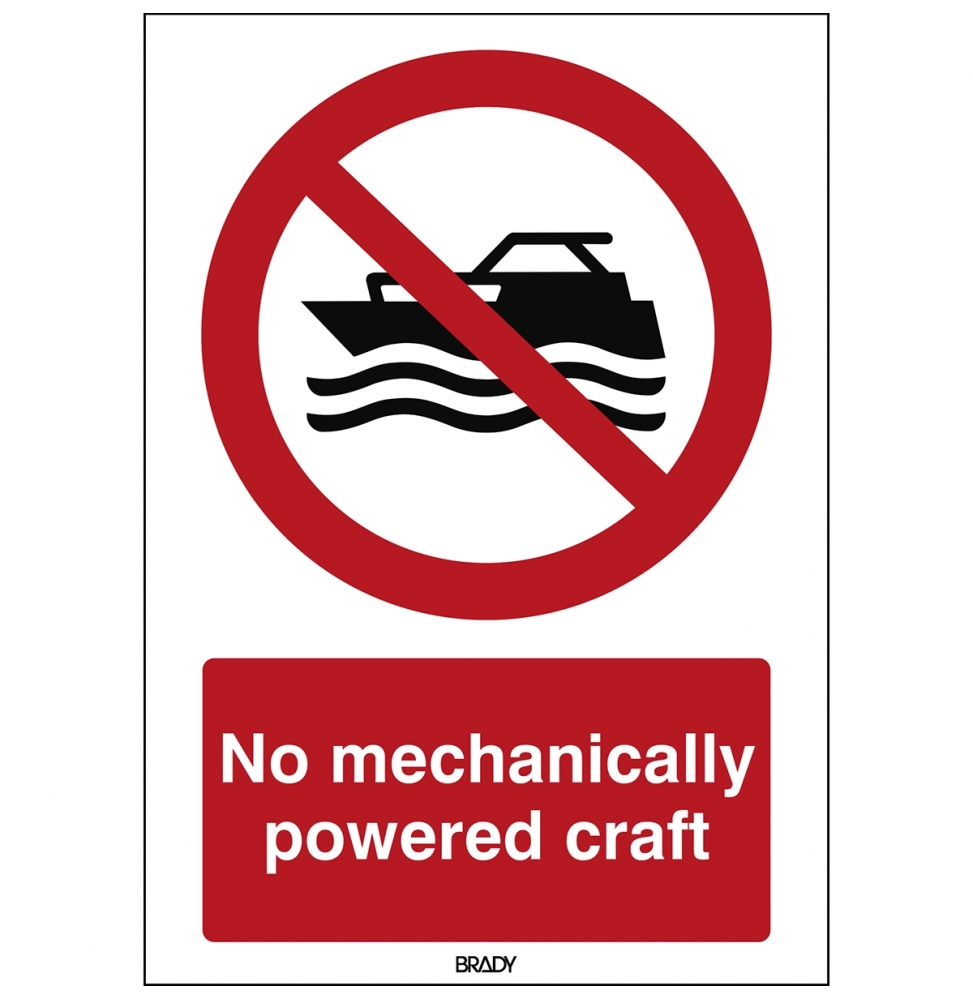 Znak bezpieczeństwa ISO – Zakaz używania łodzi z napędem silnikowym, P/P056/EN474/PE-148X210-1