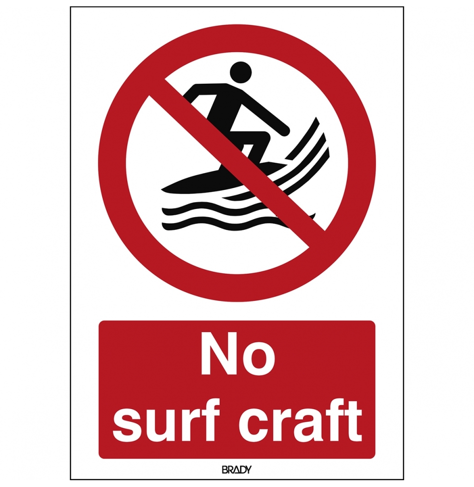 Znak bezpieczeństwa ISO – Zakaz używania desek do surfingu, P/P059/EN477/PE-148X210-1