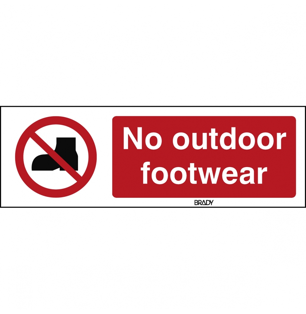 Znak bezpieczeństwa ISO – Zakaz używania obuwia do użytku zewnętrznego, P/P060/EN478/ALU-450X150-1