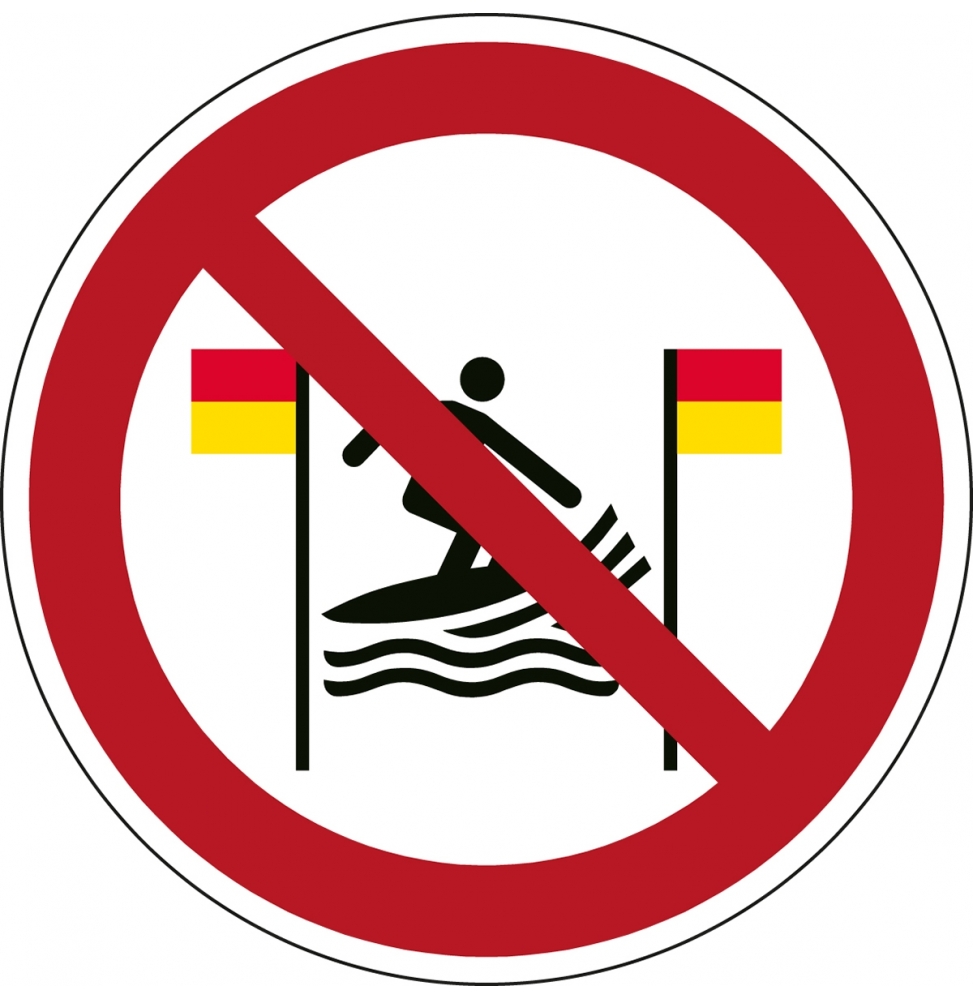 Znak bezpieczeństwa ISO – Zakaz surfowania między czerwonymi a żółtymi flagami, P/P064/NT/ALU-DIA100-1