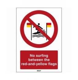 Znak bezpieczeństwa ISO – Zakaz surfowania między czerwonymi a żółtymi flagami, P/P064/EN482/PP-148X210-1