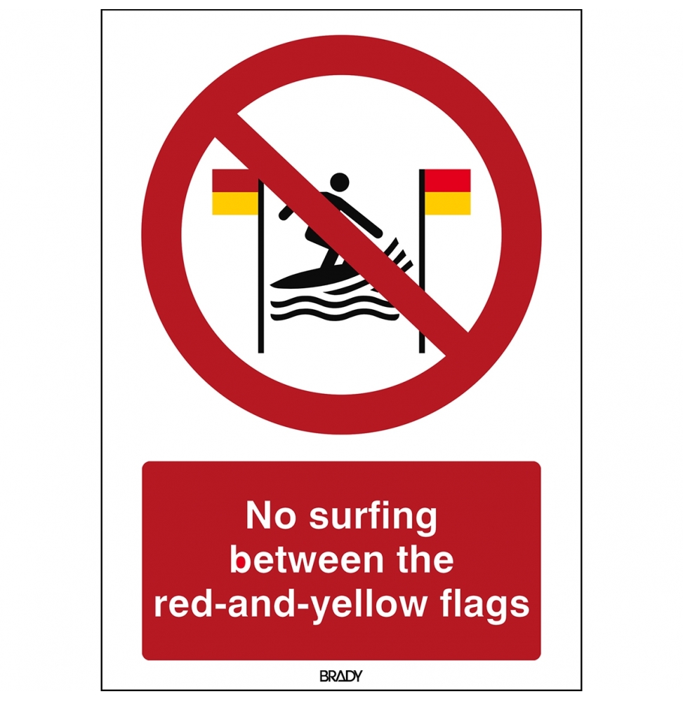 Znak bezpieczeństwa ISO – Zakaz surfowania między czerwonymi a żółtymi flagami, P/P064/EN482/PP-210X297-1