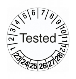 Etykieta daty inspekcji wskazująca manipulowanie – Przetestowano (28szt.), DATE INSP LABELS TESTED DIA 20MM B-429