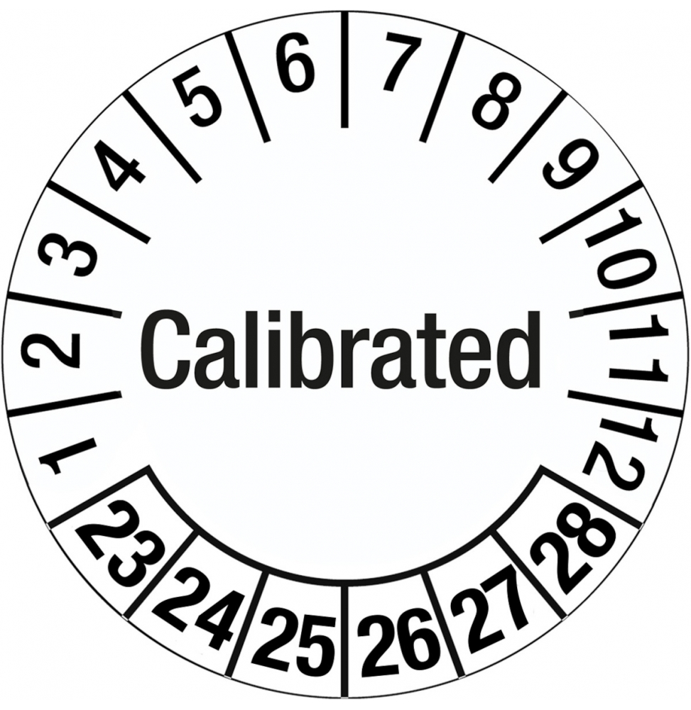 Etykieta daty inspekcji wskazująca manipulowanie – Skalibrowano (28szt.), DATE INSP LABELS CALIBRATED DIA 20 B-429