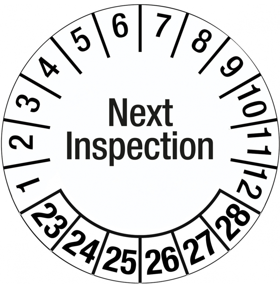 Etykieta daty inspekcji wskazująca manipulowanie – Następna inspekcja (15szt.), DATE INSP LABELS NEXT INSPEC DIA30 B-429