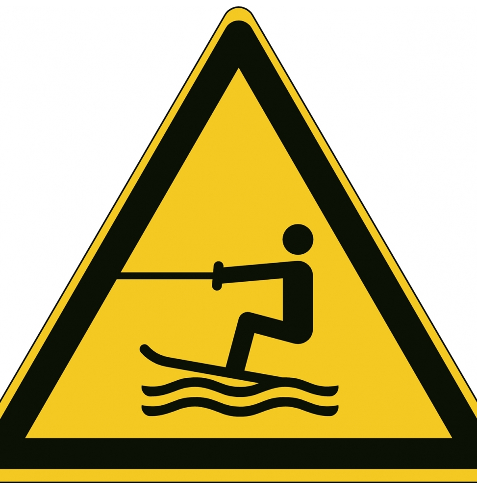 Znak bezpieczeństwa ISO – Ostrzeżenie przed strefą holowania narciarzy wodnych, W/W045/NT/PP-TRI100-1