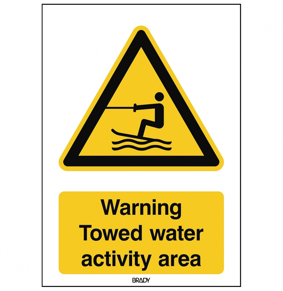 Znak bezpieczeństwa ISO – Ostrzeżenie przed strefą holowania narciarzy wodnych, W/W045/EN488/PE-148X210-1