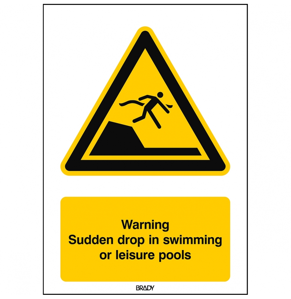Znak bezpieczeństwa ISO – Ostrzeżenie przed nagłym uskokiem dna w basenach pł…, W/W050/EN493/PE-148X210-1