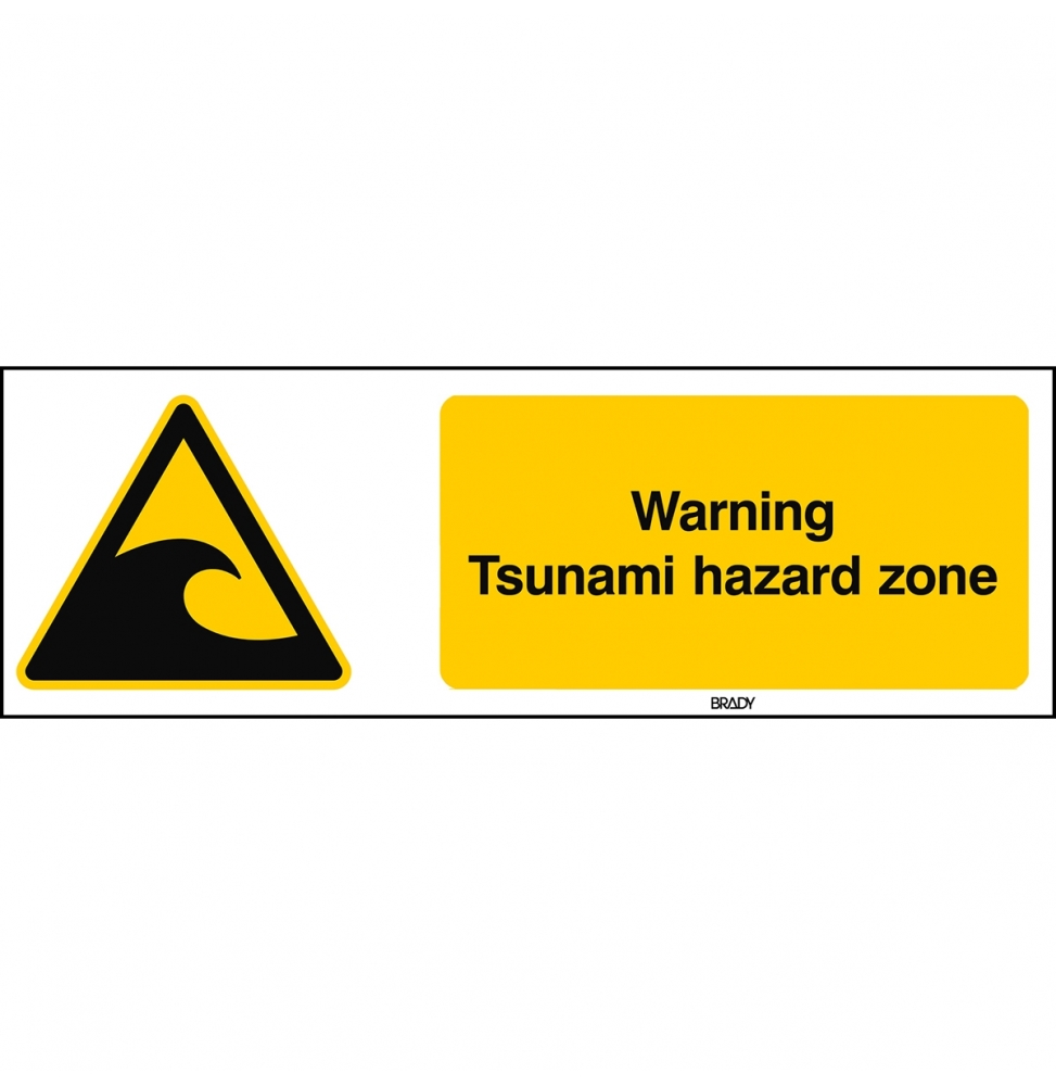 Znak bezpieczeństwa ISO – Ostrzeżenie przed strefą zagrożoną tsunami, W/W056/EN499/PE-150X50-1