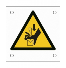 Znak bezpieczeństwa ISO – Uwaga, ryzyko zmiażdżenia dłoni prasą, W/W030/NT/ALU05-50X50-1
