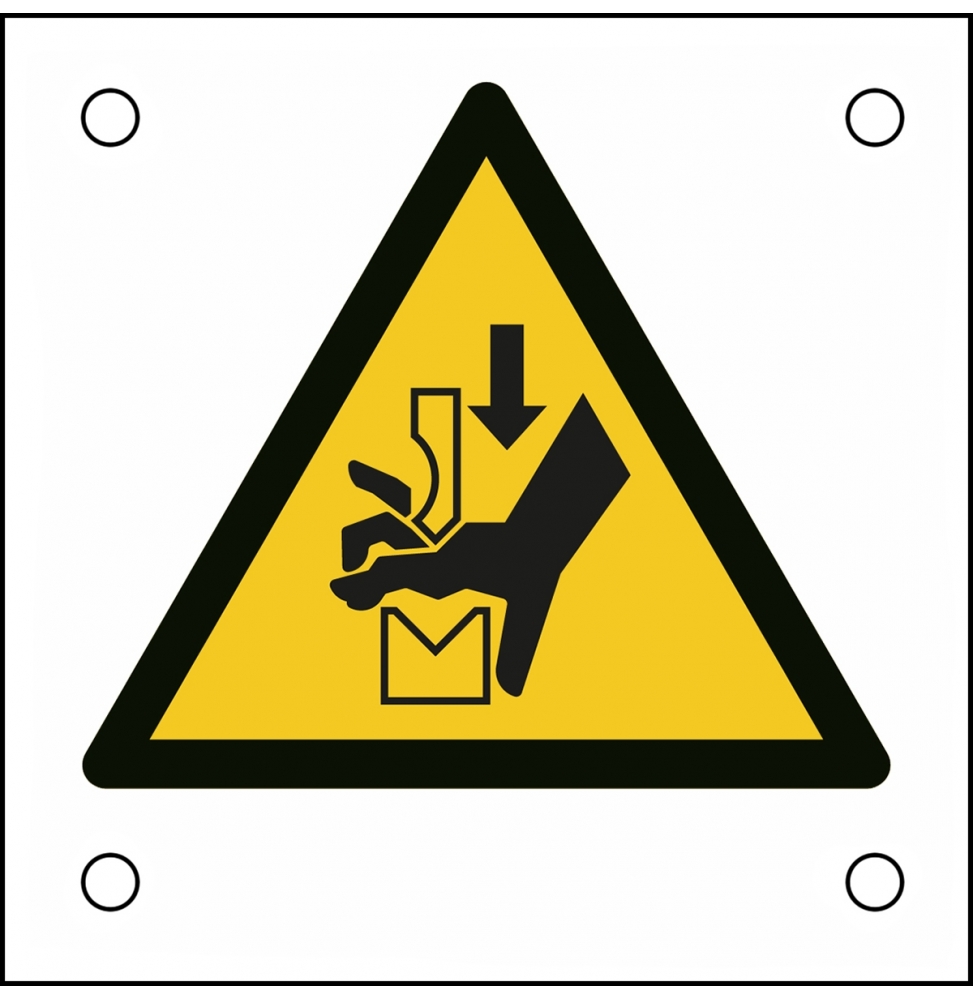 Znak bezpieczeństwa ISO – Uwaga, ryzyko zmiażdżenia dłoni prasą, W/W030/NT/ALU05-50X50-1