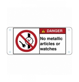 Znak bezpieczeństwa ISO – Zakaz wstępu z przedmiotami metalowymi i zegarkami, P/P008/EN211-ALU05-120X50/1-B