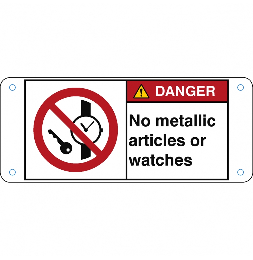 Znak bezpieczeństwa ISO – Zakaz wstępu z przedmiotami metalowymi i zegarkami, P/P008/EN211-ALU05-120X50/1-B
