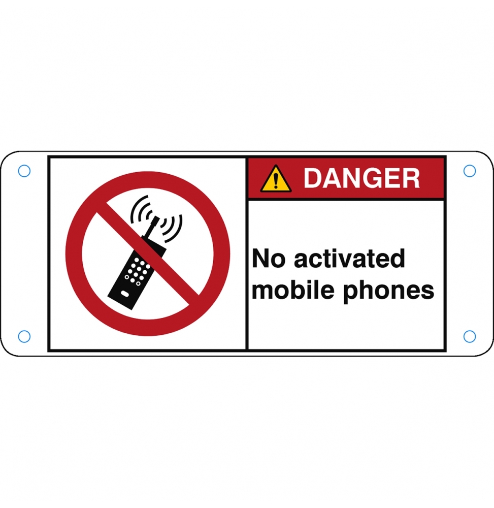 Znak bezpieczeństwa ISO – Zakaz używania telefonów komórkowych, P/P013/EN207-ALU05-120X50/1-B