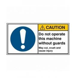 Znak bezpieczeństwa ISO – Zakaz obsługi maszyny bez zamontowanych osłon. Może…, M/M001/EN420-PEUL-100X50/1-B