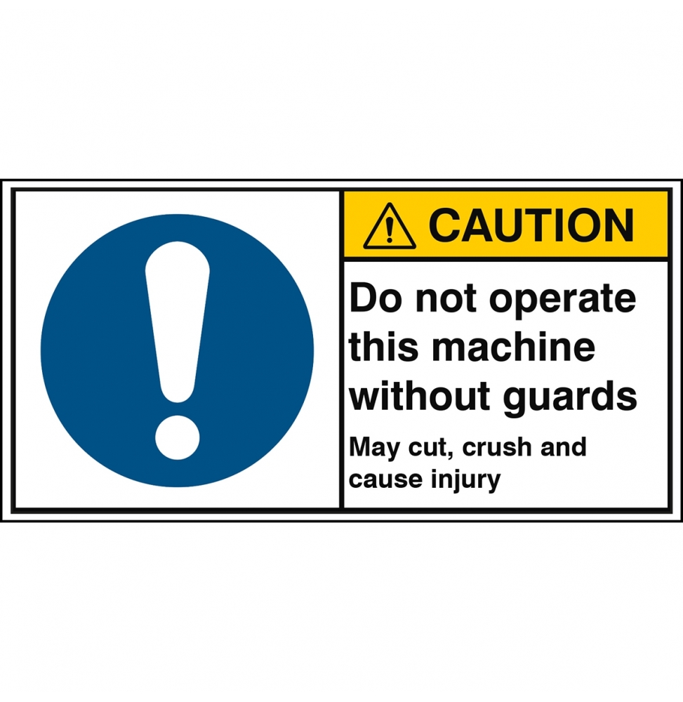 Znak bezpieczeństwa ISO – Zakaz obsługi maszyny bez zamontowanych osłon. Może…, M/M001/EN420-PEUL-100X50/1-B