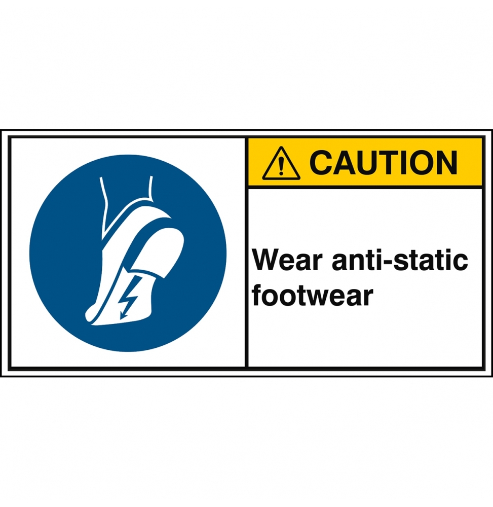 Znak bezpieczeństwa ISO – Nakaz stosowania obuwia antystatycznego, M/M032/EN450-PEUL-100X50/1-B