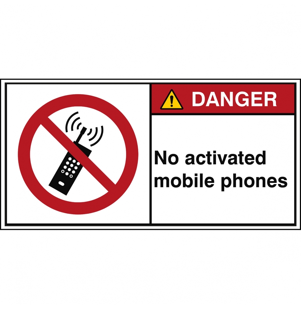 Znak bezpieczeństwa ISO – Zakaz używania telefonów komórkowych, P/P013/EN207-PEUL-100X50/1-B