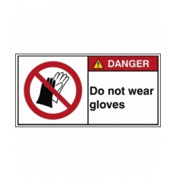 Znak bezpieczeństwa ISO – Nie używać rękawic roboczych, P/P028/EN174-PEUL-100X50/1-B