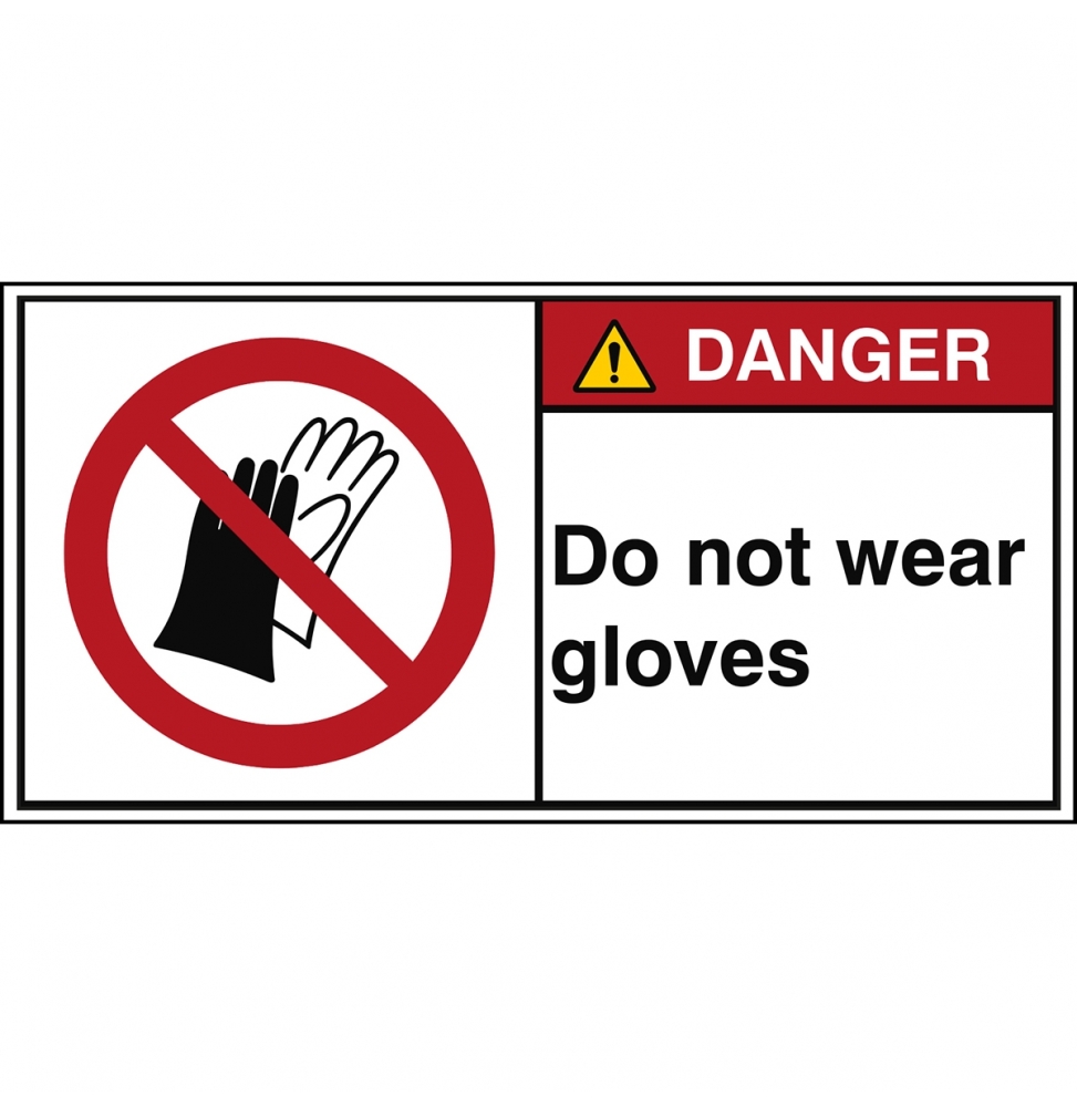 Znak bezpieczeństwa ISO – Nie używać rękawic roboczych, P/P028/EN174-PEUL-100X50/1-B