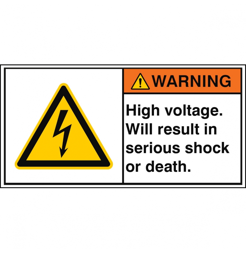 Znak bezpieczeństwa ISO – Wysokie napięcie. Grozi poważnym porażeniem lub śmi…, W/W012/EN338-PEUL-100X50/1-B
