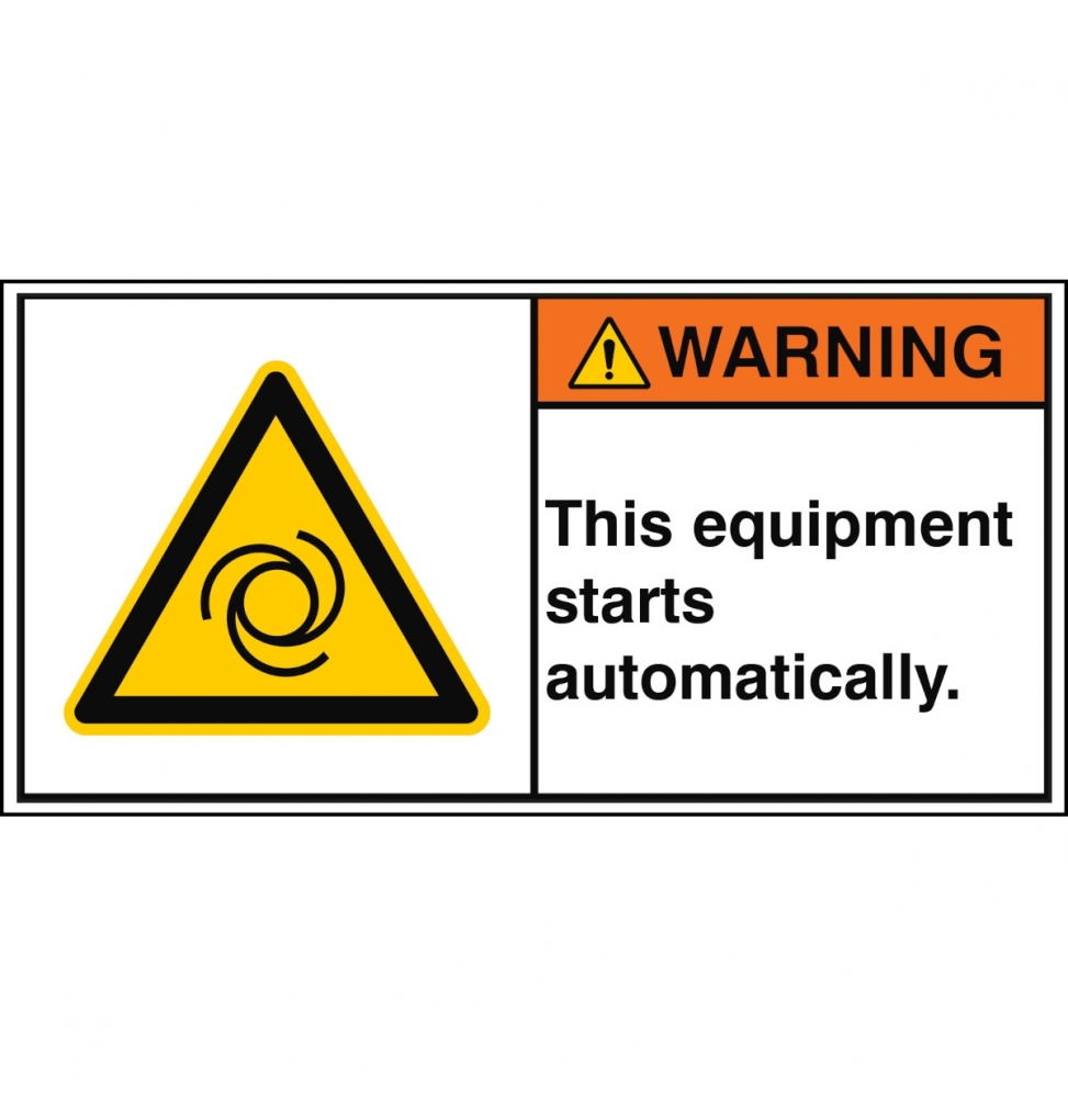 Znak bezpieczeństwa ISO – Urządzenie uruchamia się automatycznie., W/W018/EN335-PEUL-100X50/1-B
