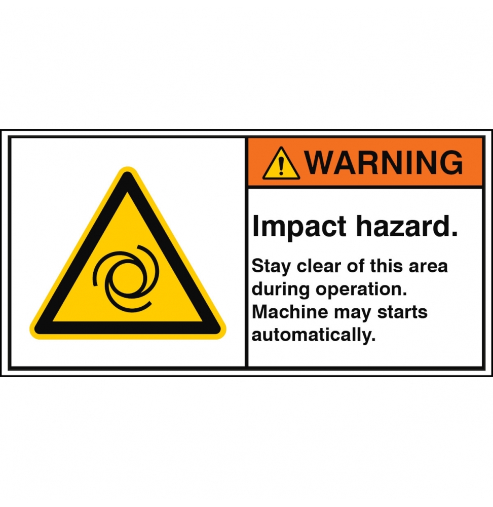 Znak bezpieczeństwa ISO – Zagrożenie uderzeniem. W trakcie pracy przebywać po…, W/W018/EN356-PEUL-100X50/1-B