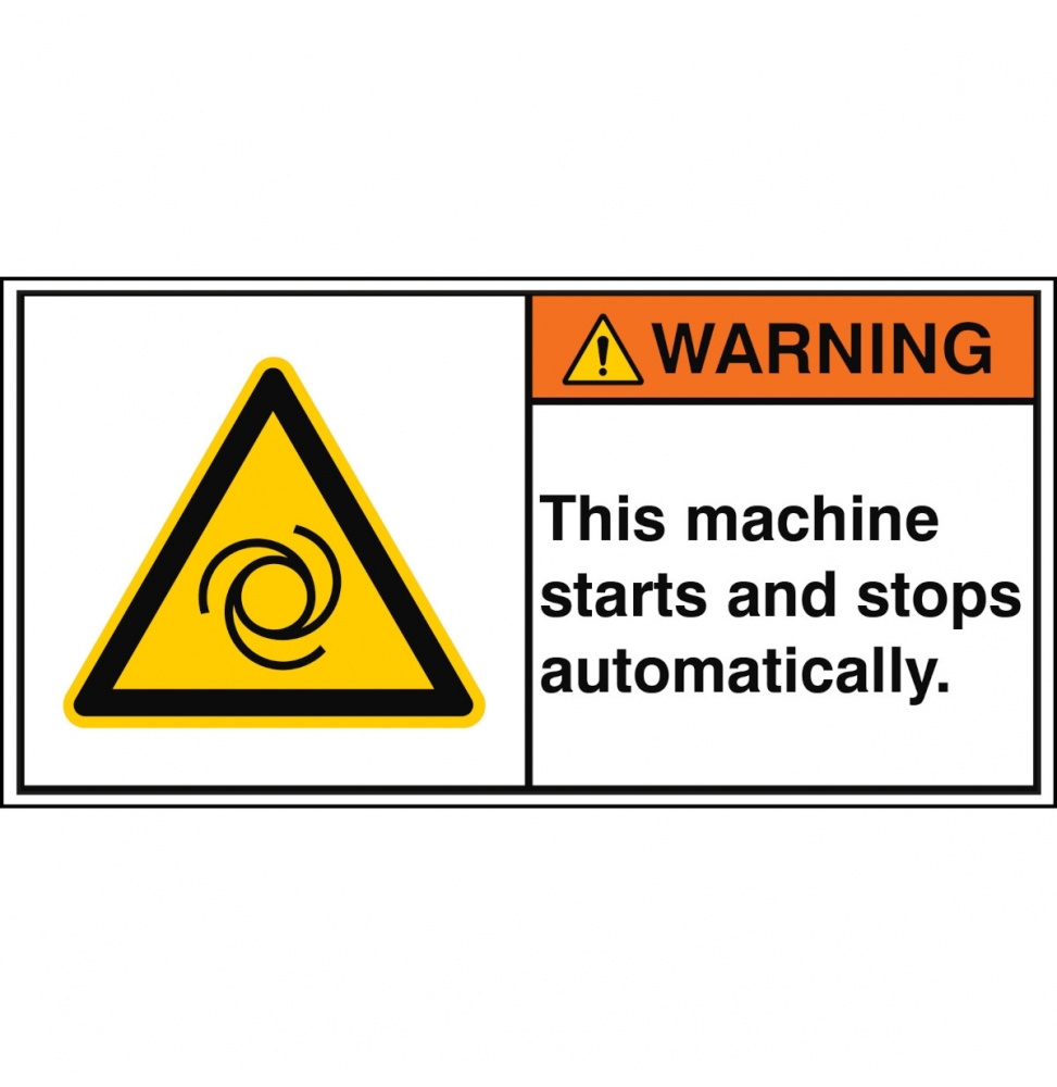 Znak bezpieczeństwa ISO – Maszyna uruchamia się i zatrzymuje automatycznie., W/W018/EN435-PEUL-100X50/1-B