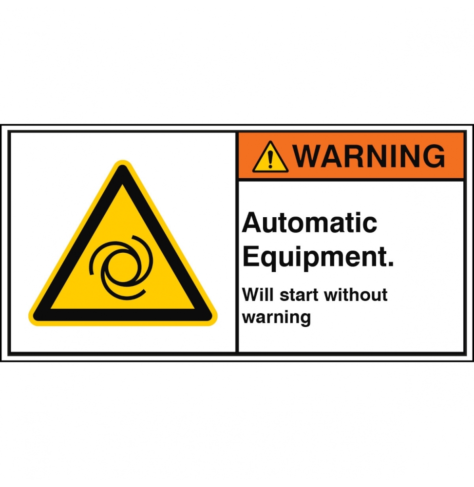 Znak bezpieczeństwa ISO – Urządzenie automatyczne. Uruchamia się bez ostrzeżenia, W/W018/EN436-PEUL-100X50/1-B
