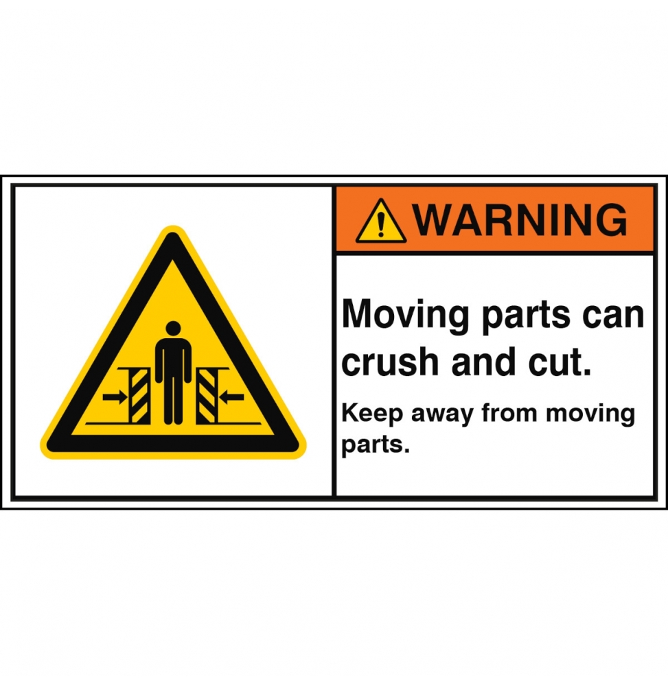 Znak bezpieczeństwa ISO – Ruchome elementy grożące zmiażdżeniem i skaleczenie…, W/W019/EN387-PEUL-100X50/1-B